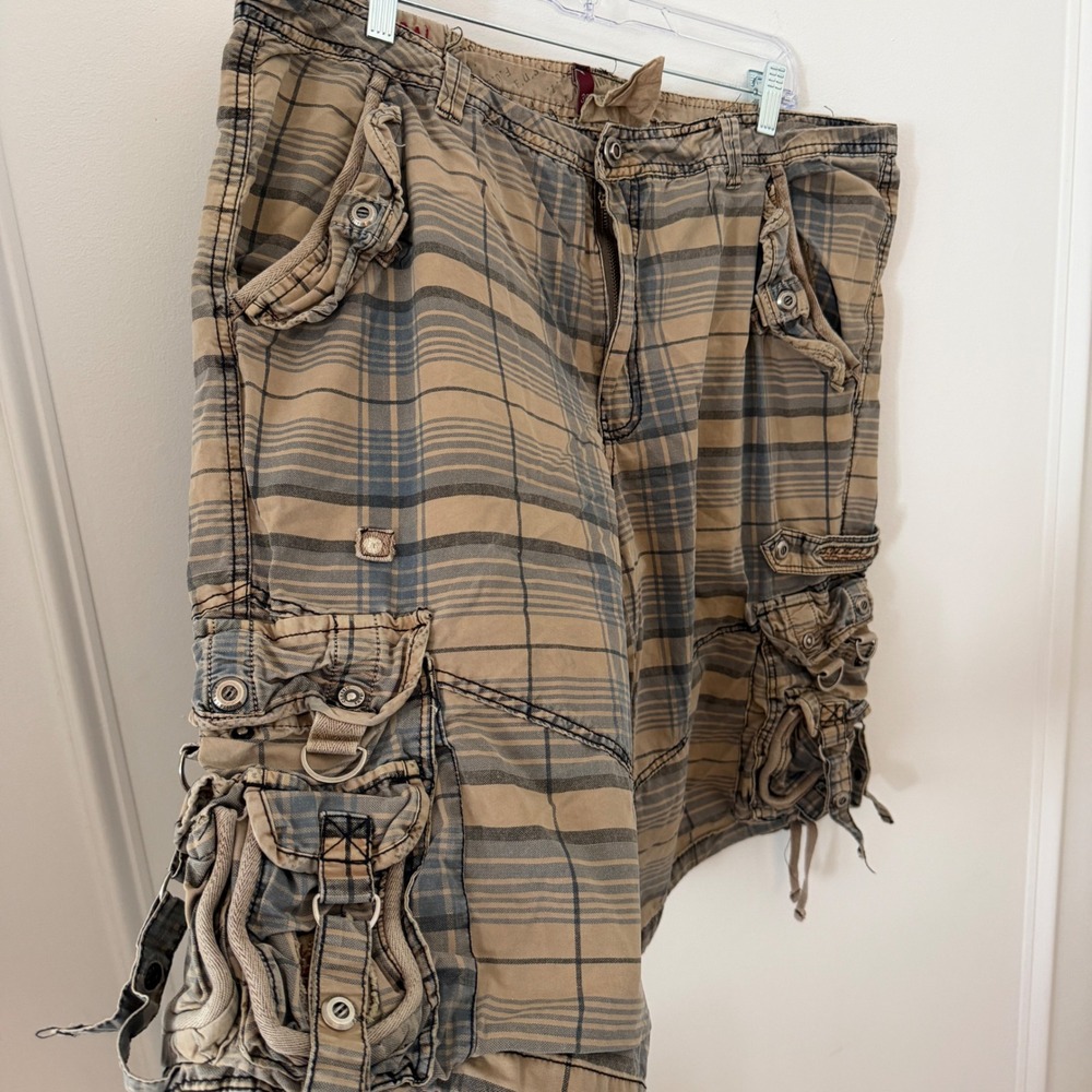 F.U.S.A.I Cargo Shorts Mens 38 Tan Plaid Multi-Pocket Y2K Cyber Baggy Gorpcore